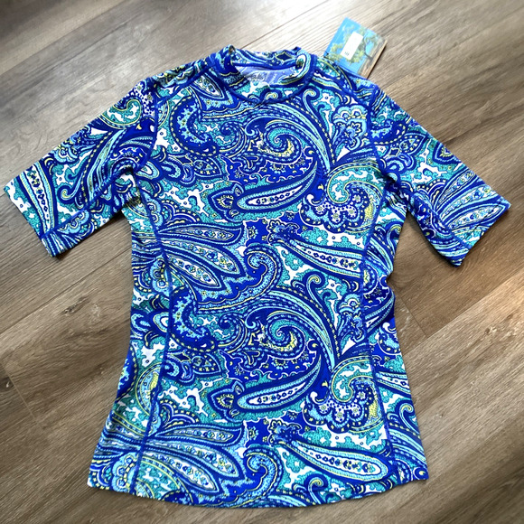 Coolibar Rash Guard Swim Shirt Women Sz M Blue White Paisley UPF 50+ NWT - Picture 1 of 14